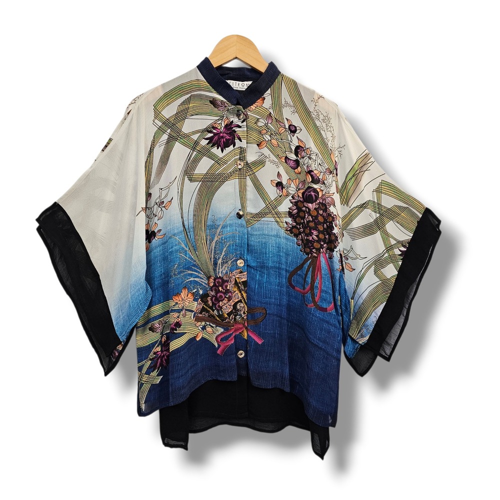 Citron Silk Top L Women Santa Monica Floral Kimono Split Sleeve Asian Artsy Boho